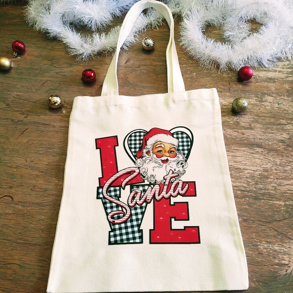 NEW CANVAS TOTE BAG, GROCERY BAG, CHRISTMAS TOTE, RETRO LOVE SANTA 12" X 14"